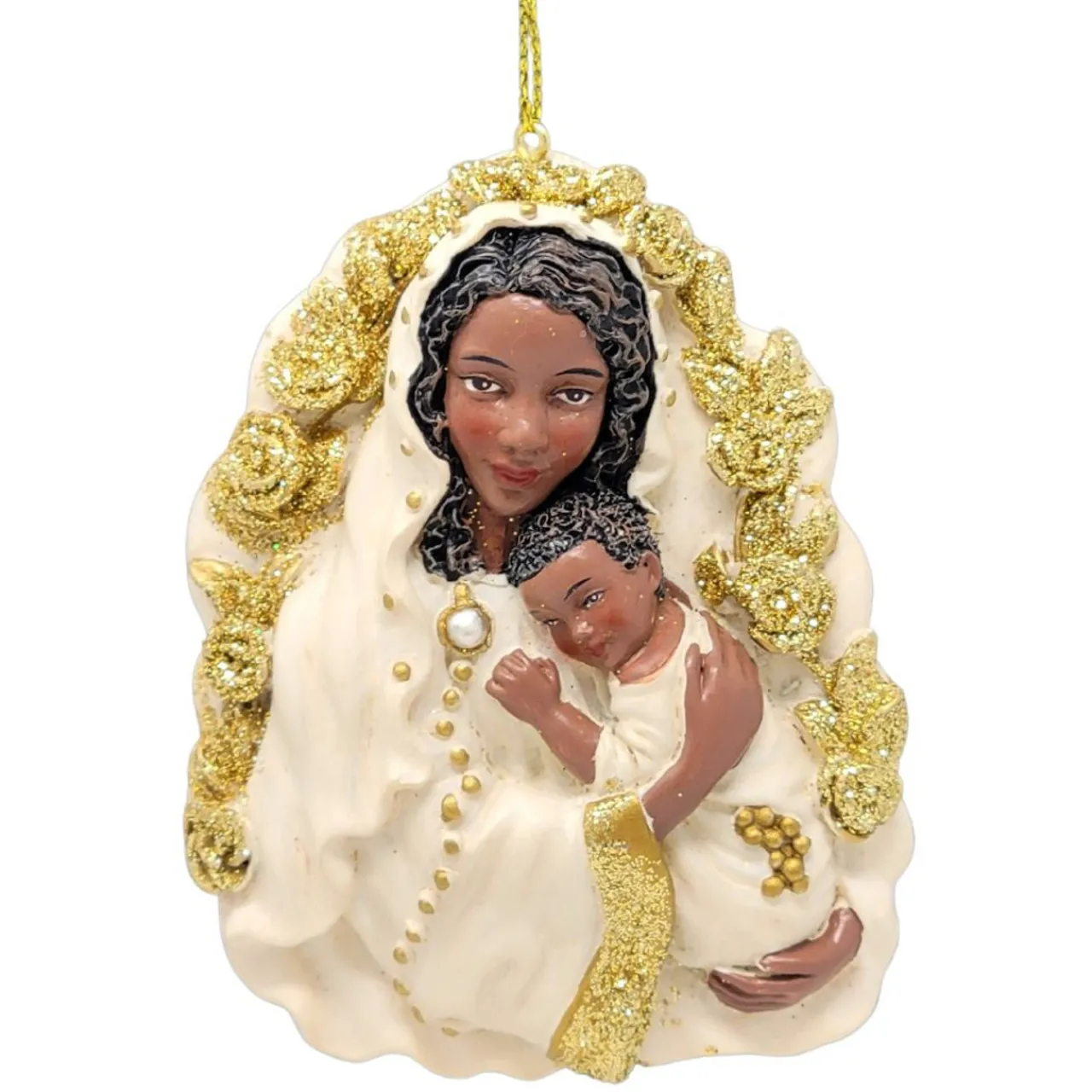 African American Ivory and Gold Holy Mother & Child Ornament<Kurt Adler Online