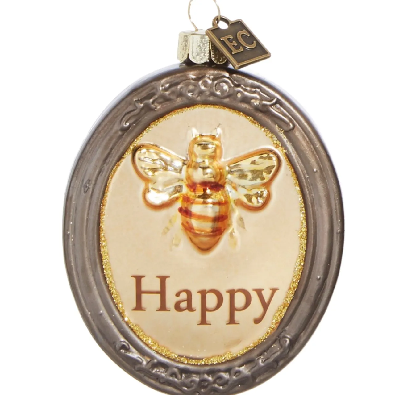 3" Charm Ornament Adorned with an Image of A Bee and The Word "Happy"< Hot