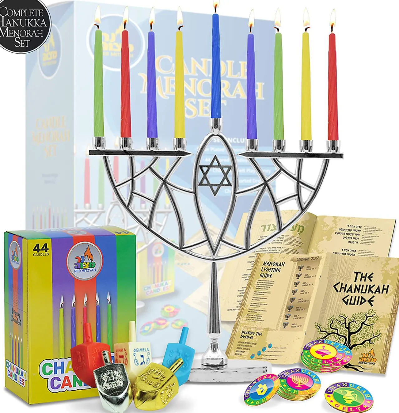 9" Menorah, Candles, Dreidel, Play Coins Hannukah Set Chrome< New