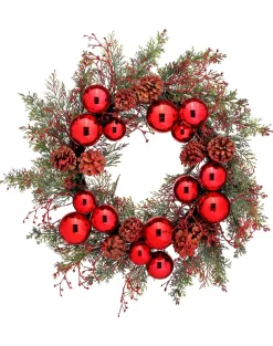 24" Red and Green Glittered Cedar with Balls and Cones Wreath< Fashion