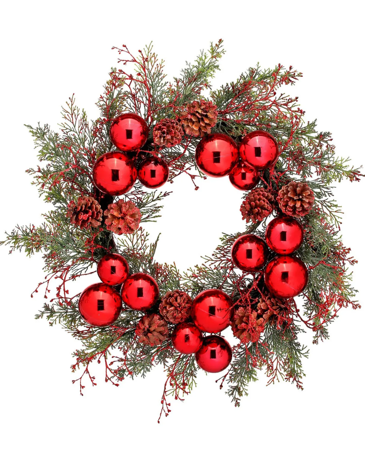 24" Red and Green Glittered Cedar with Balls and Cones Wreath< Fashion