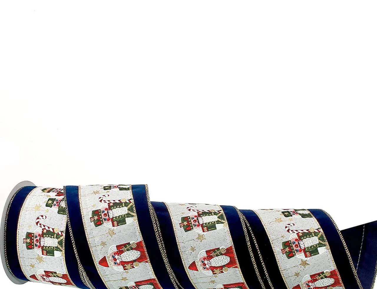 4" X 10 Yard Nutcracker Velvet/Gold Back Wired Ribbon - Navy< Best