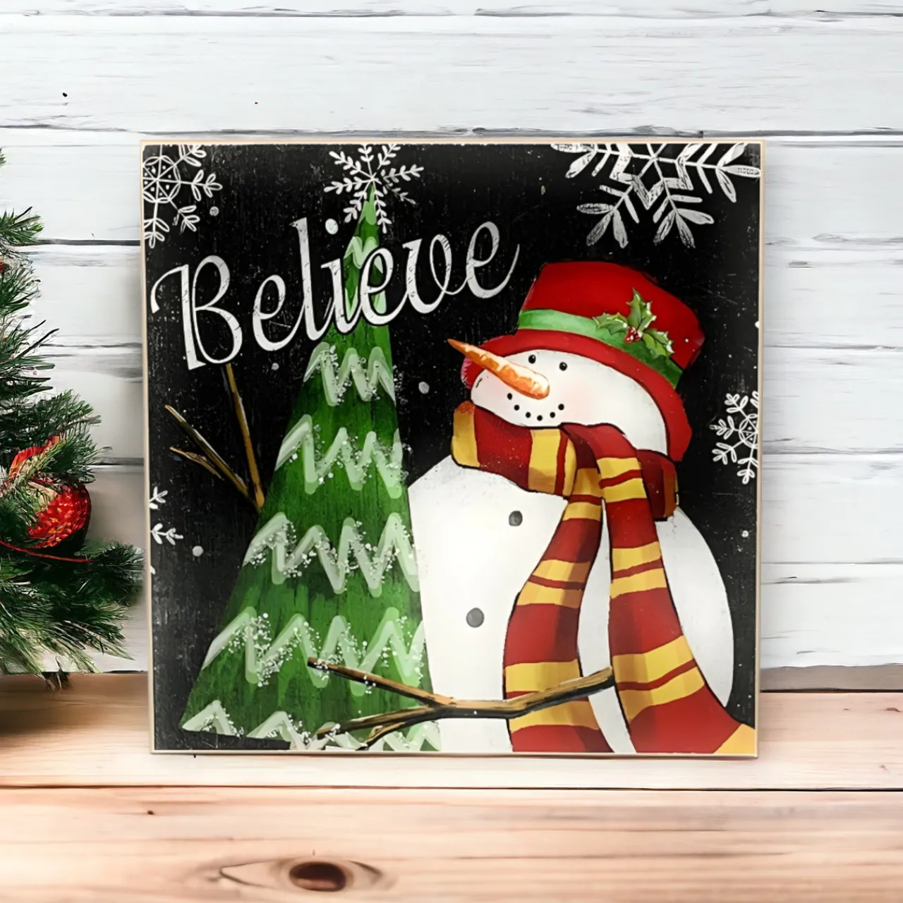 Believe Holiday Snowman Wood Block Sign< Fashion