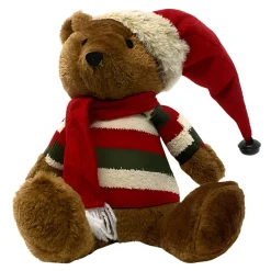Cheerful Teddy in Striped Sweater & Santa Hat Sitter - 16in Plush Decor< Sale