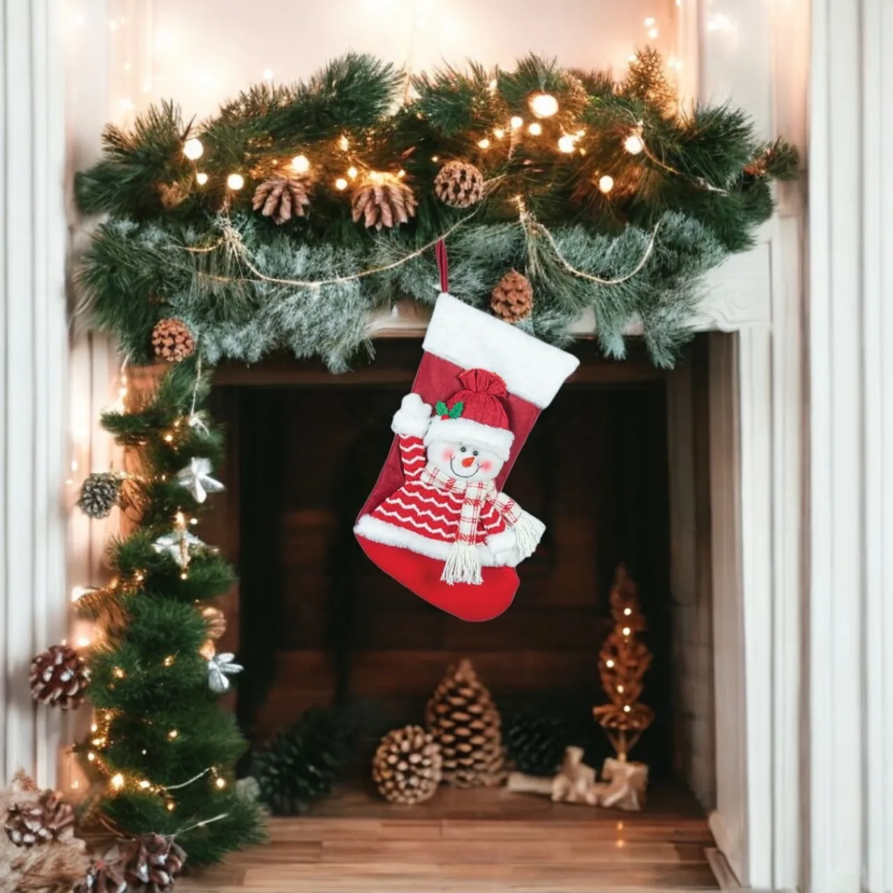 Cherry Snowman Christmas Stocking with Plaid Scarf< Discount