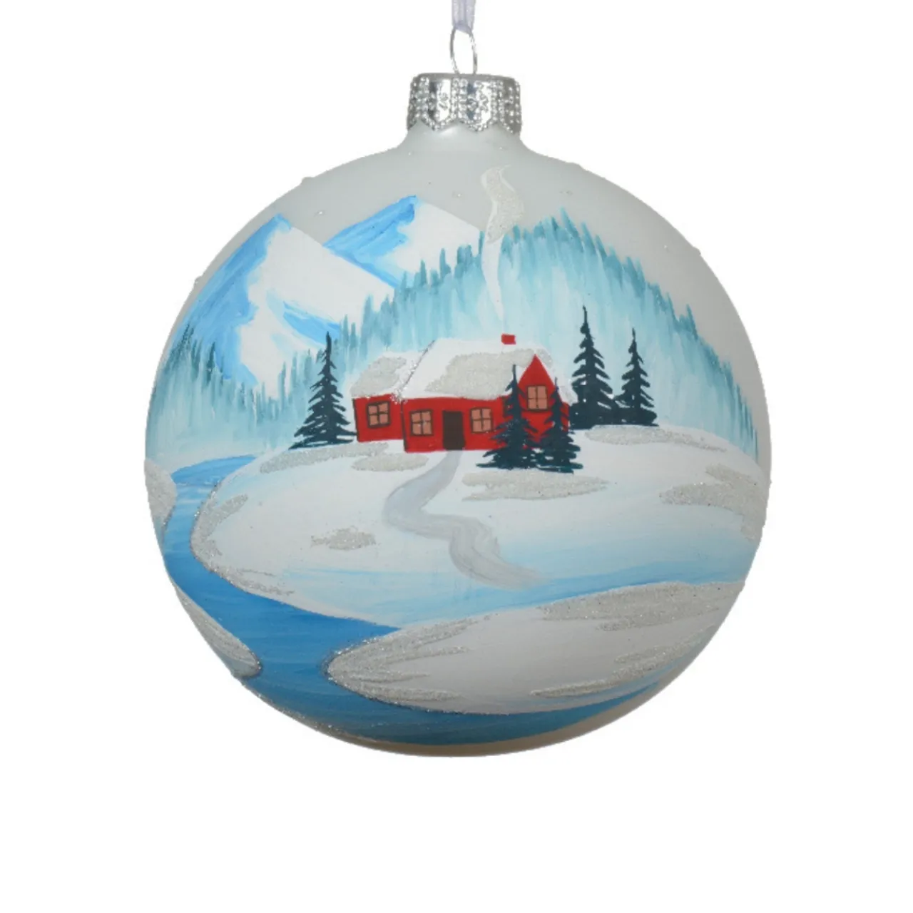 Christmas Barn Painted White Glass Ornament< Clearance