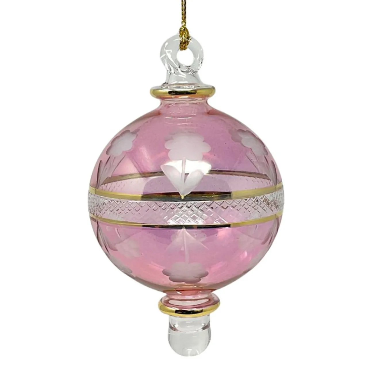 Small Pink Floral Etched Ball Glass Ornament<Egyptian Museum Clearance