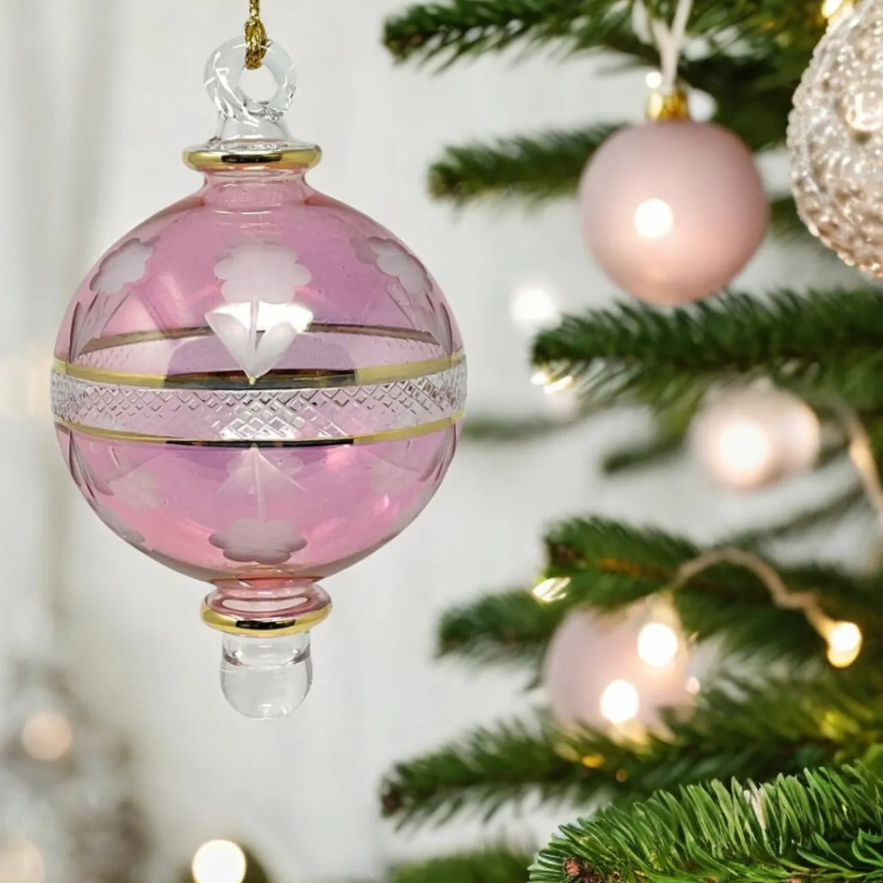 Small Pink Floral Etched Ball Glass Ornament<Egyptian Museum Clearance
