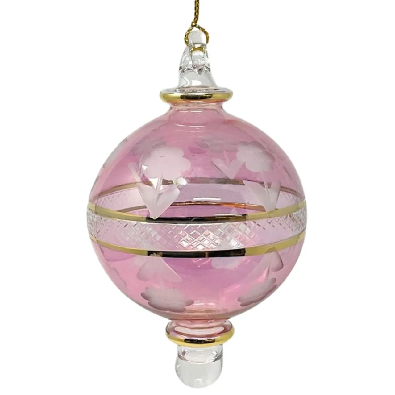 Small Pink Floral Etched Ball Glass Ornament<Egyptian Museum Clearance
