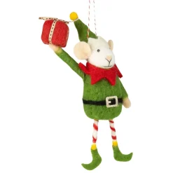 Felt Elf Mouse in Green Suit Holding Present Ornament< Online
