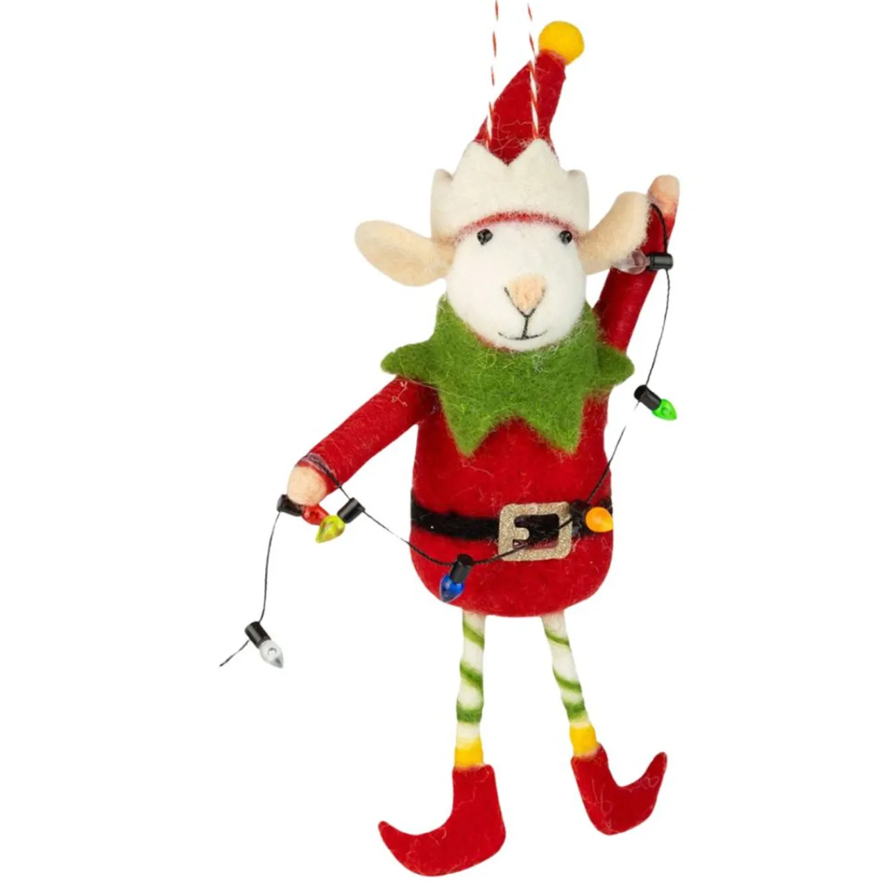 Felt Elf Mouse in Red Suit Holding Christmas Lights Ornament< Outlet
