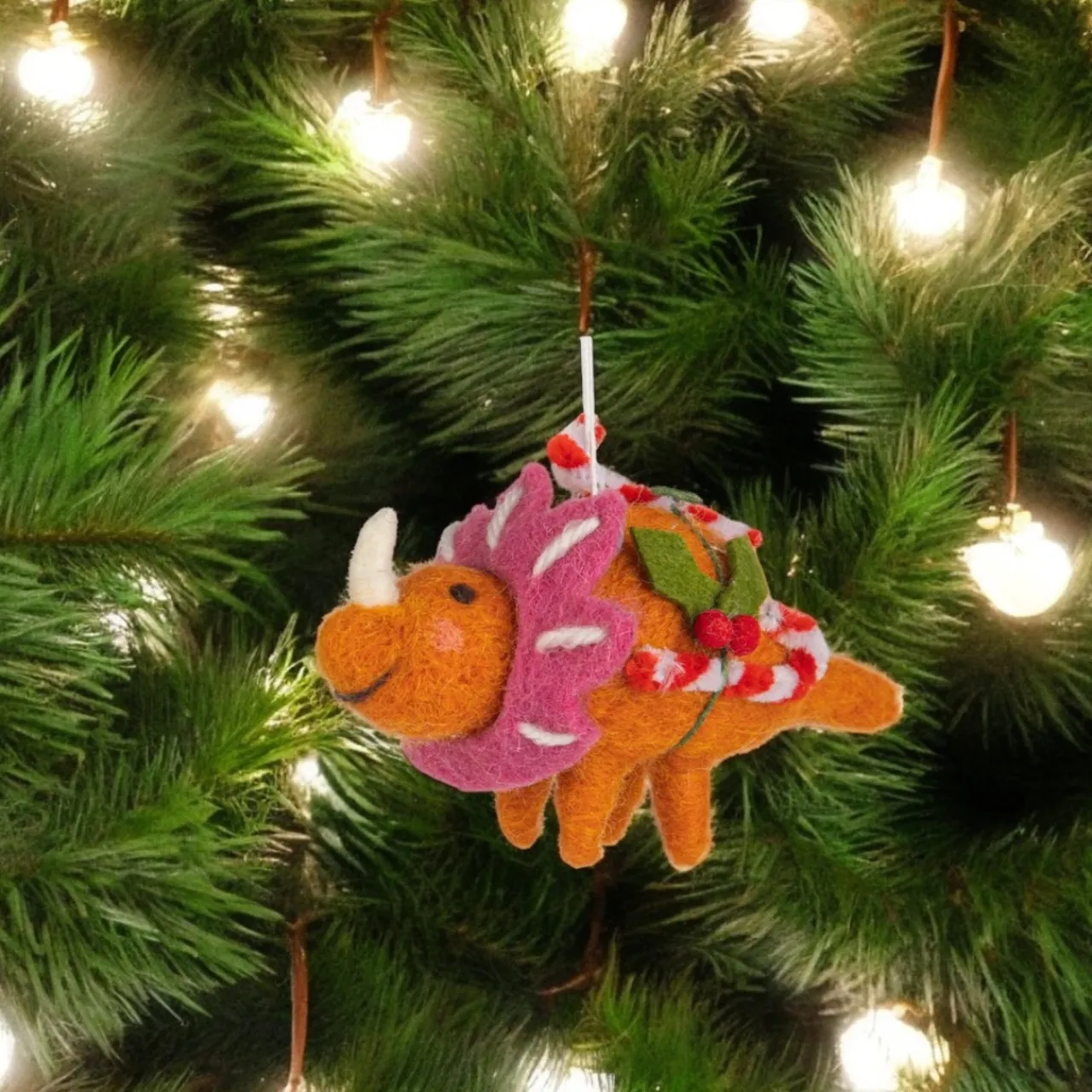 Felt Orange Dinosaur with Candy Canes Ornament< Online