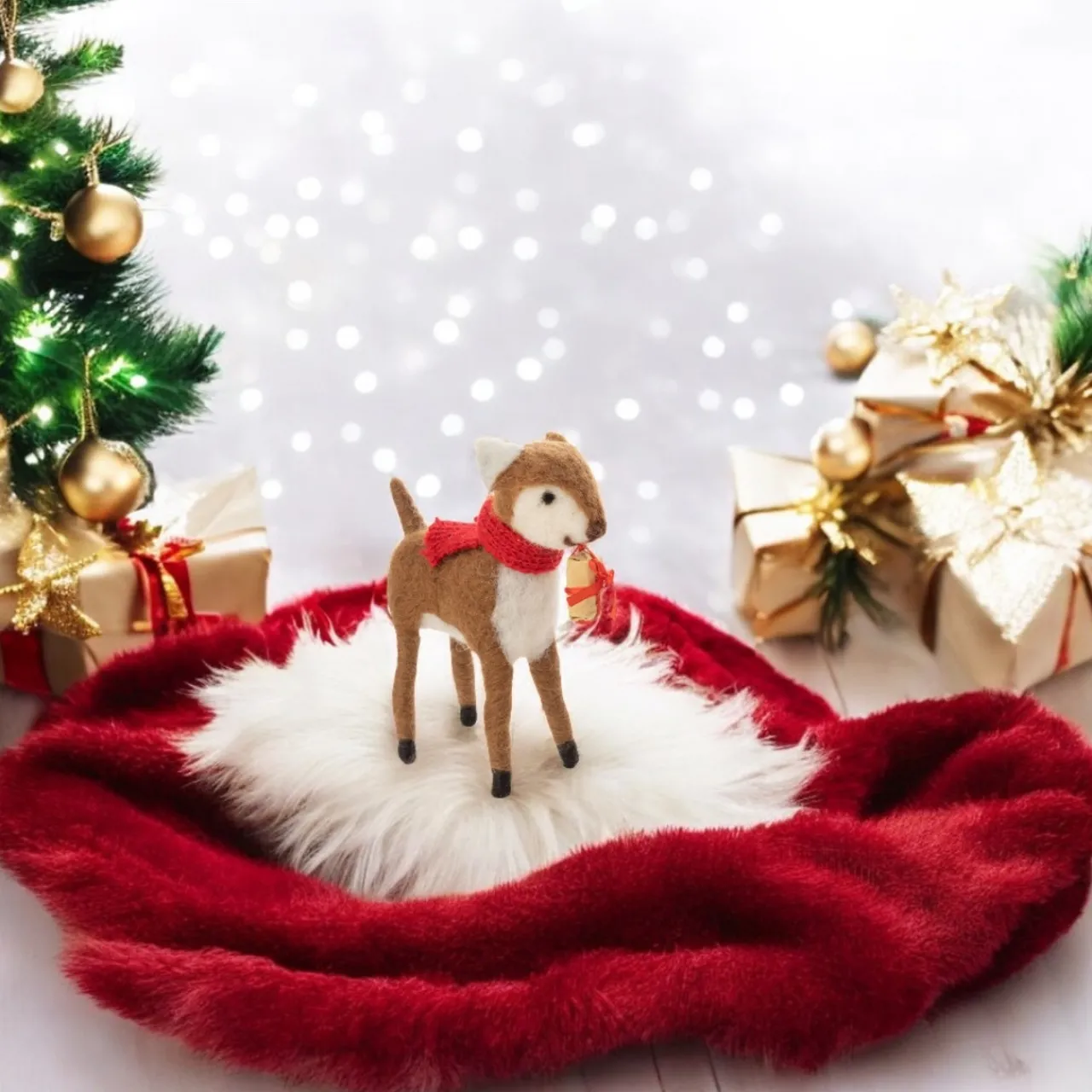 Felt Reindeer Holding Present< Outlet