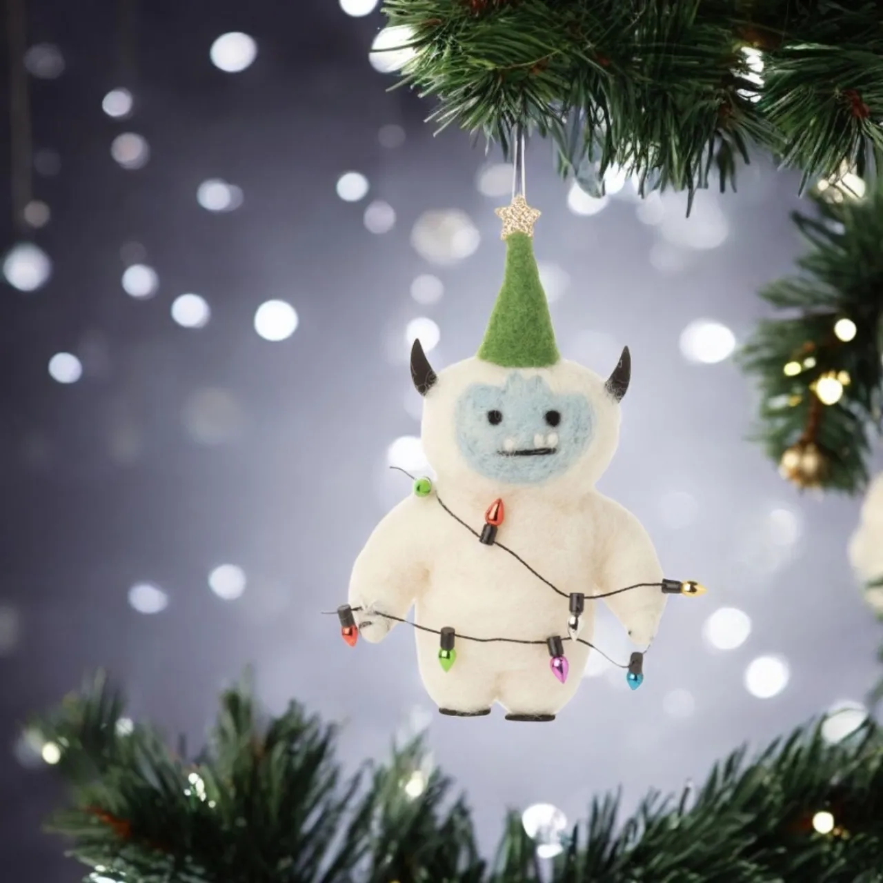 Felt Yeti Ornament with Green Hat and Festive Lights< Hot