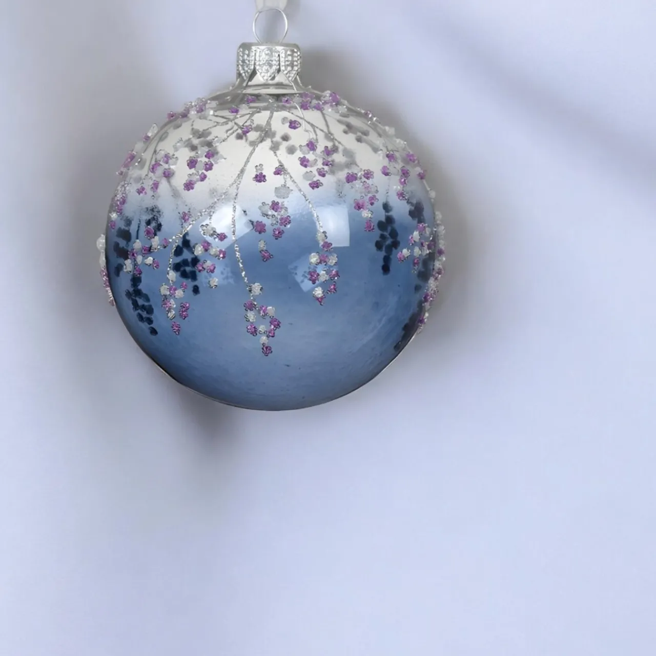 Glass Blue Glittered Floral Ornament< Fashion