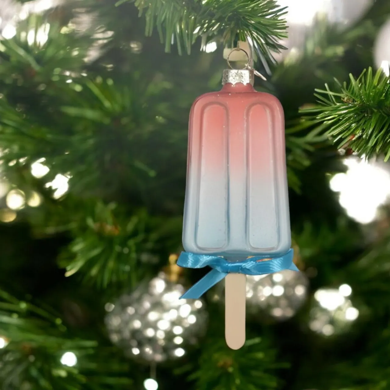 Glass Popsicle with Blue Ribbon Ornament< Sale