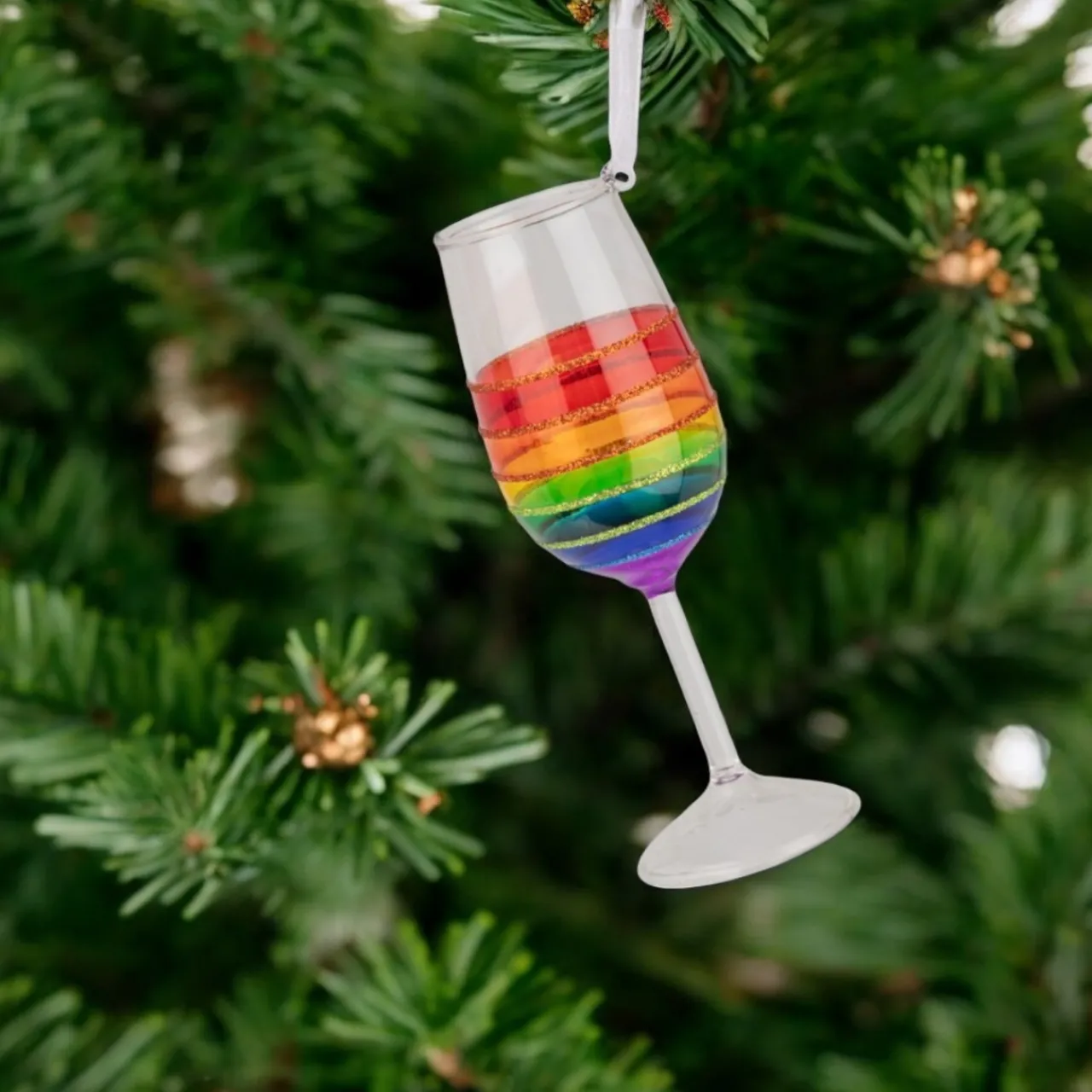 Glass Rainbow Wine Glass Ornament< Hot