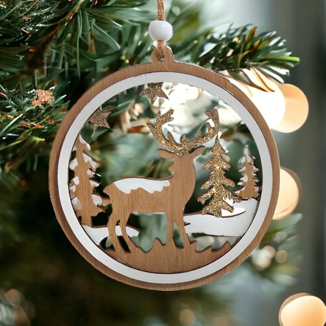 Glittered Deer Scene Wood Ornament<Kurt Adler Discount