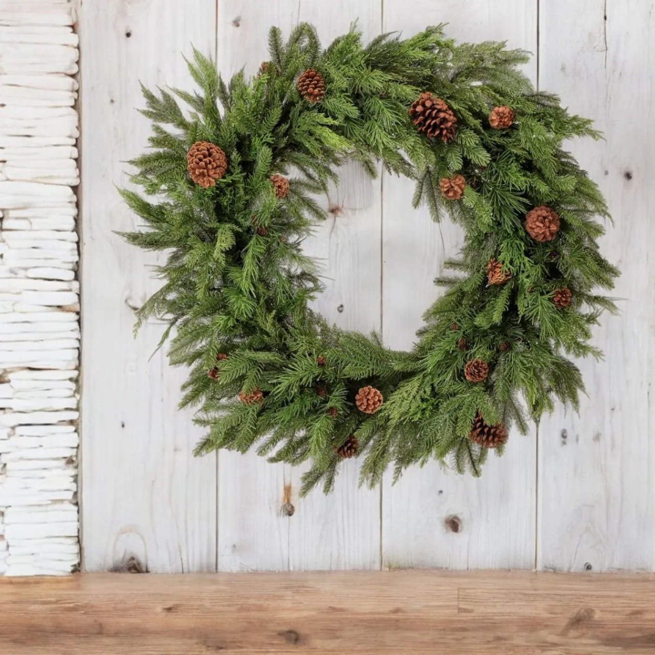 36in Natural Touch Mix Evergreen Wreath with Pinecones< Hot