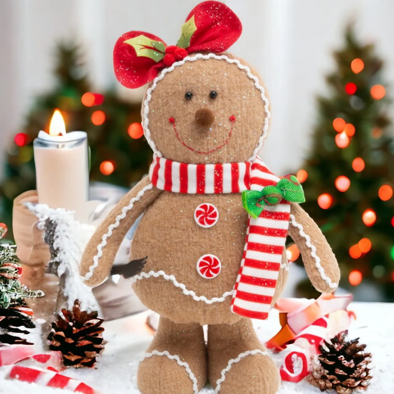 15 Inch Holiday Gingerbread Girl Plush with Festive Bow< Discount
