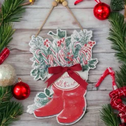 12.5 inch Metal Santa Boots Decor with Burlap Bow & Pine< Discount
