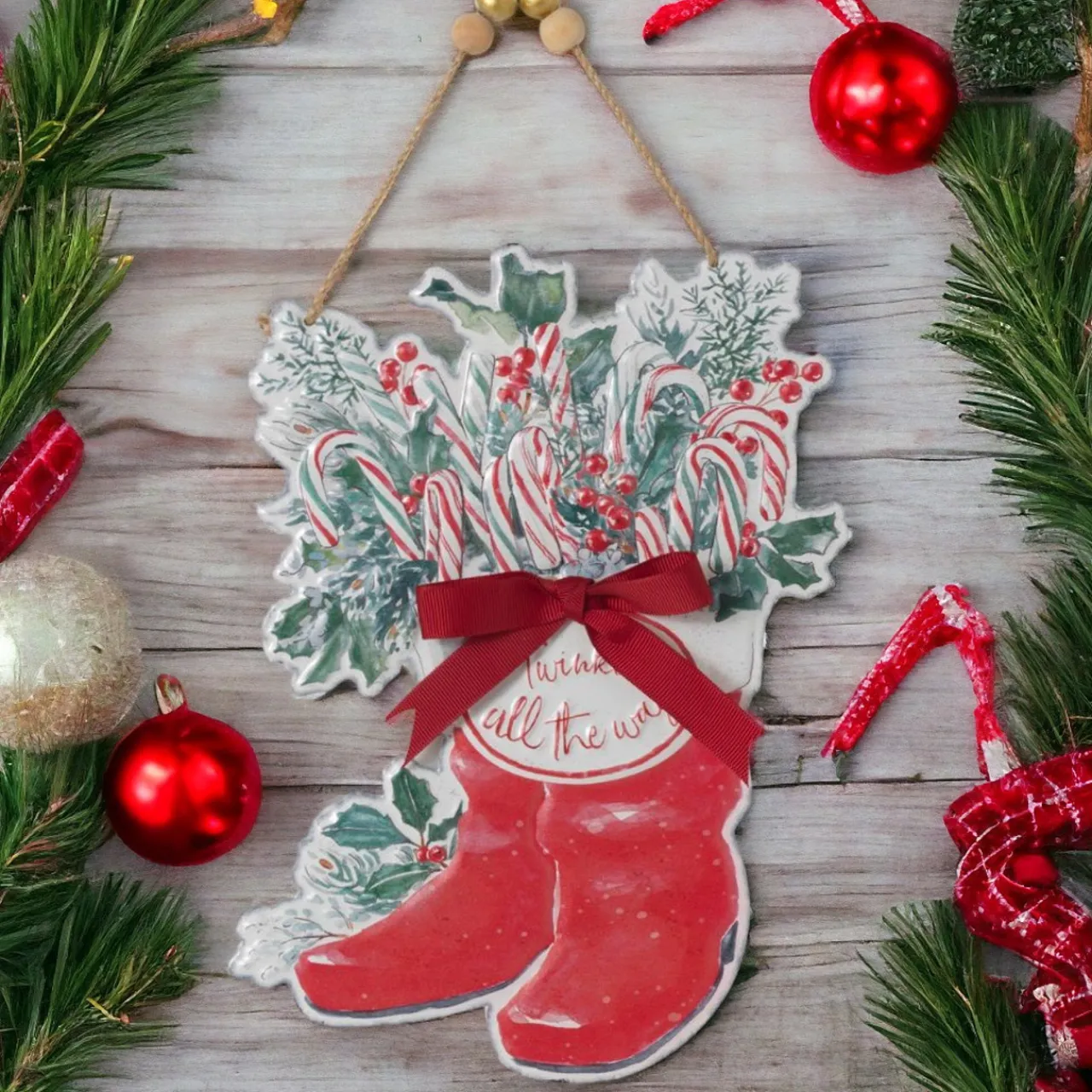 12.5 inch Metal Santa Boots Decor with Burlap Bow & Pine< Discount