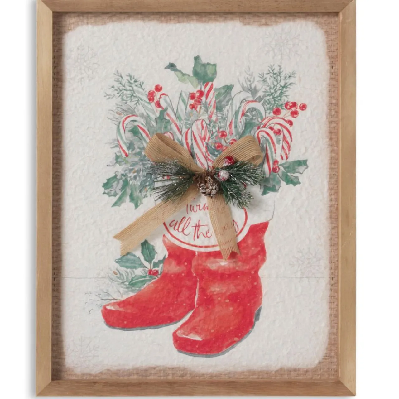 14 inch Santa Boots Wall Decor with Burlap Bow & Pine< Hot