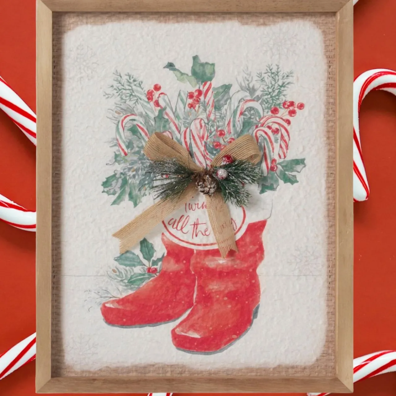 14 inch Santa Boots Wall Decor with Burlap Bow & Pine< Hot