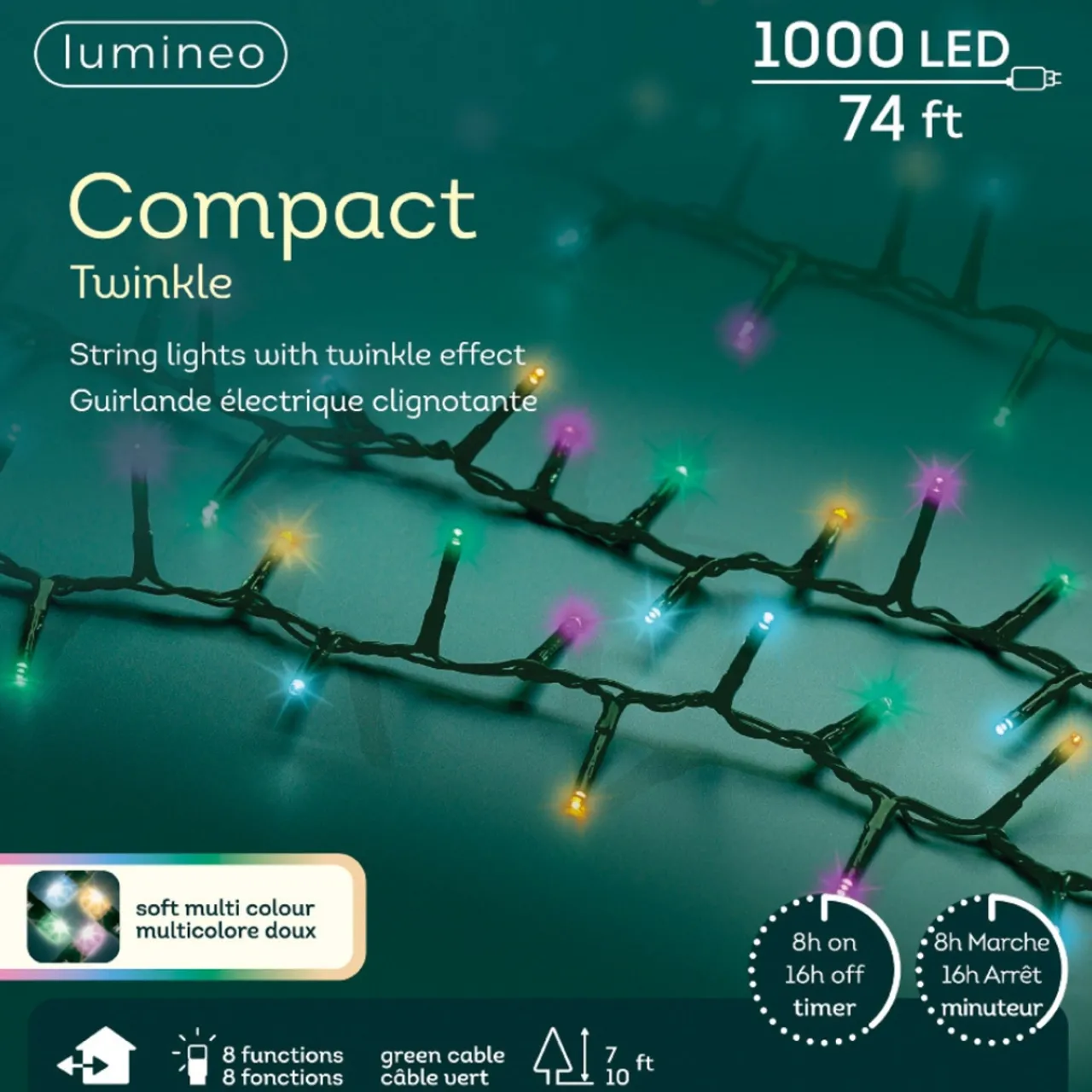 1000 LED Compact Soft Multi Color Lights Green Wire - The Christmas Loft<Lumineo Fashion