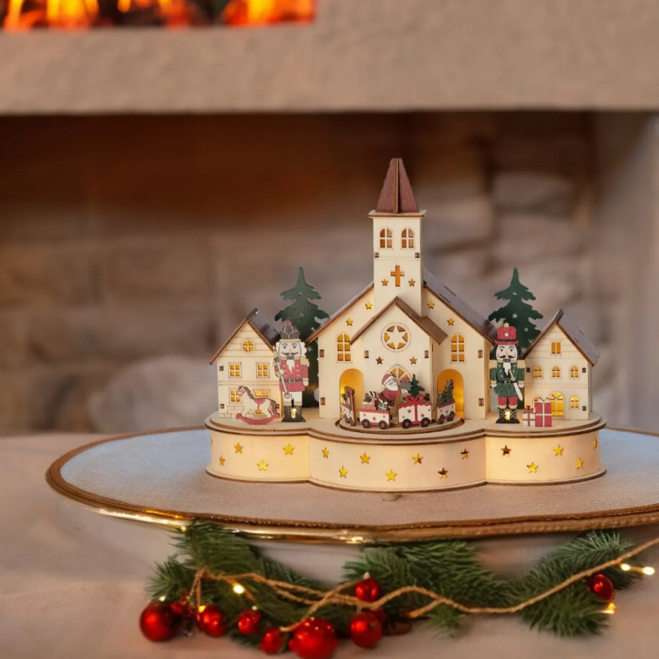 LED Wood Village Church With Train Scene With Music And Motion<Lumineo Sale