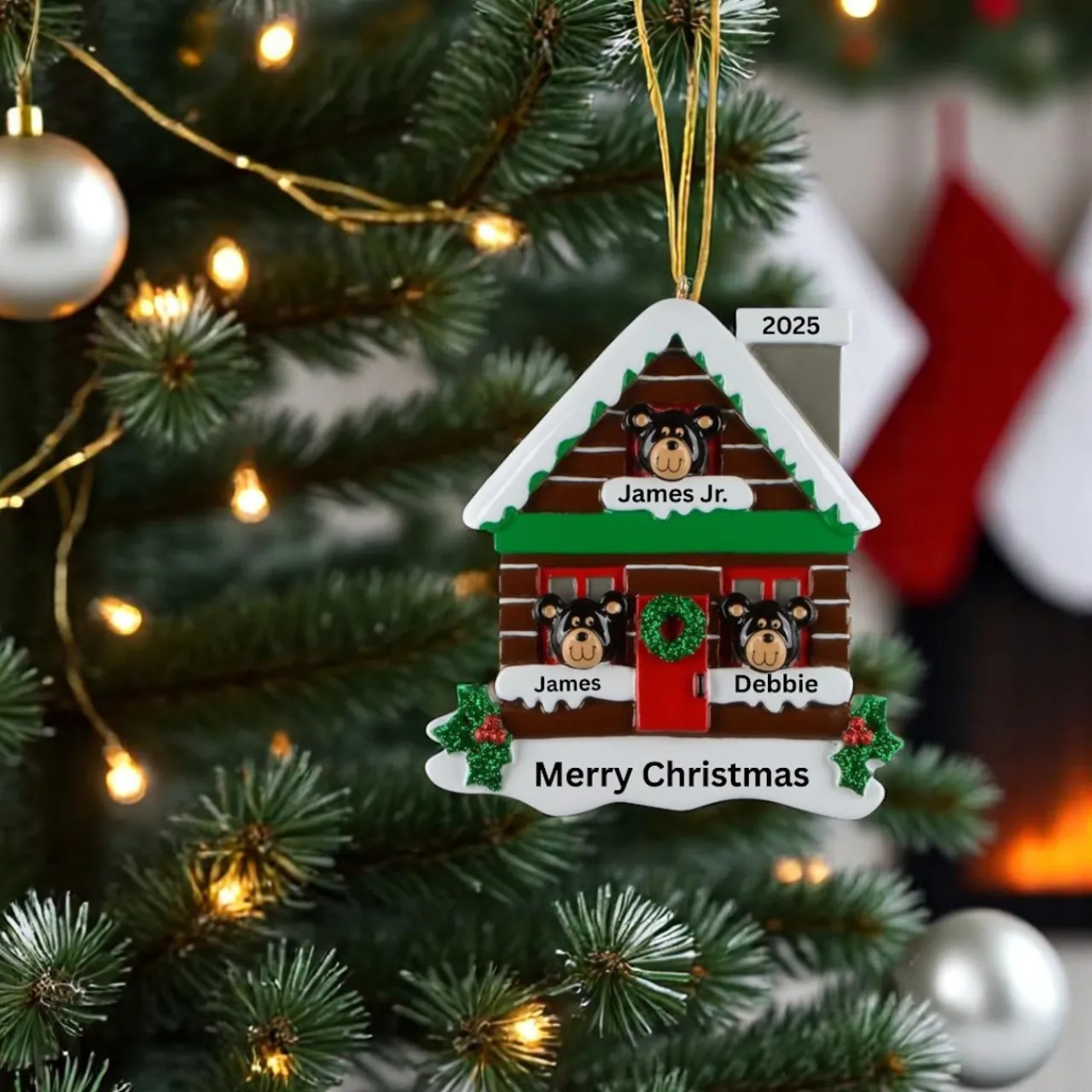 Log Cabin Bears Family of 3 Personalized Ornament< Discount