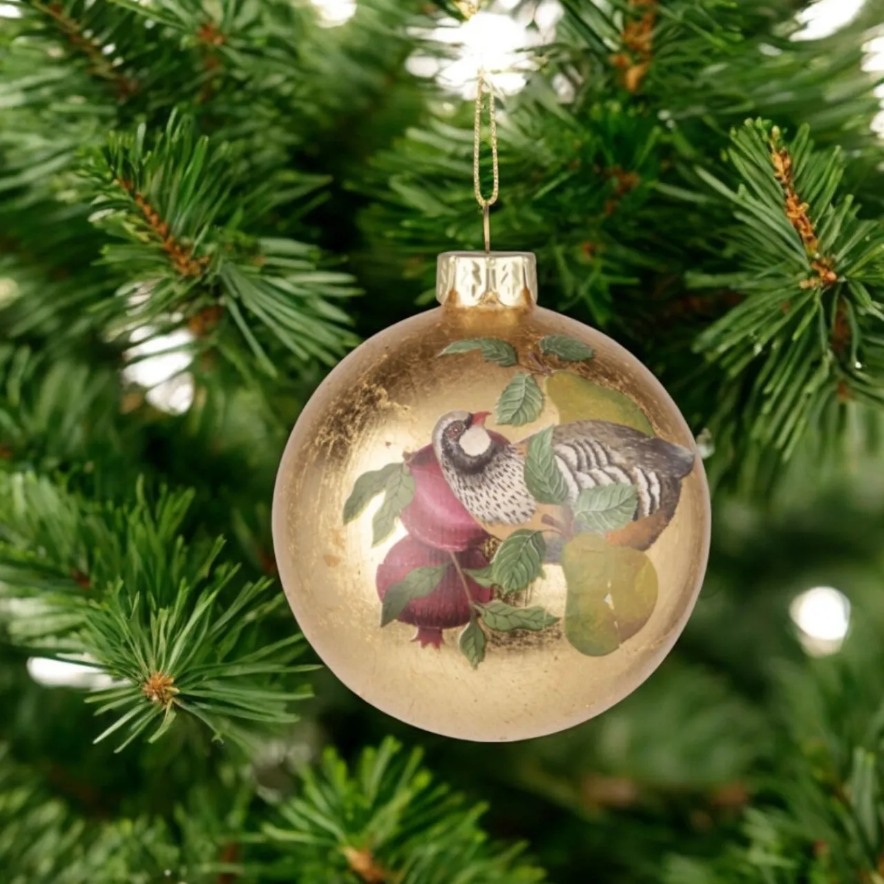 Partridge in a Pear Tree Gold Foil Ball Ornament< New
