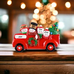 Personalized Snowman Family Of 4 In Red Truck Ornament< Best