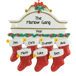 Personalized  White Mantle with 7 Red Stockings Ornament - The Christmas Loft< Best