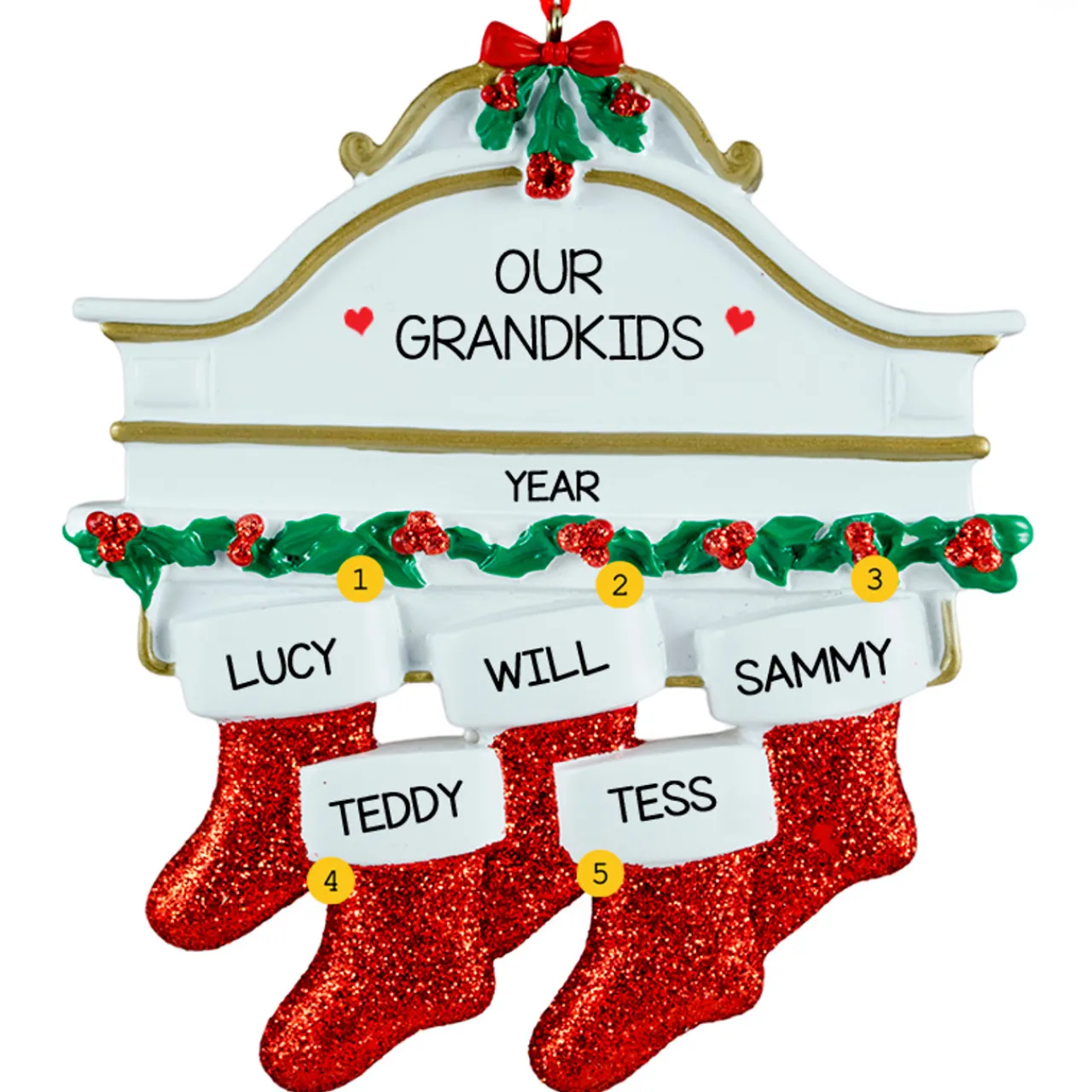 Personalized White Mantle with 5 Red Stockings Ornament - The Christmas Loft< Clearance