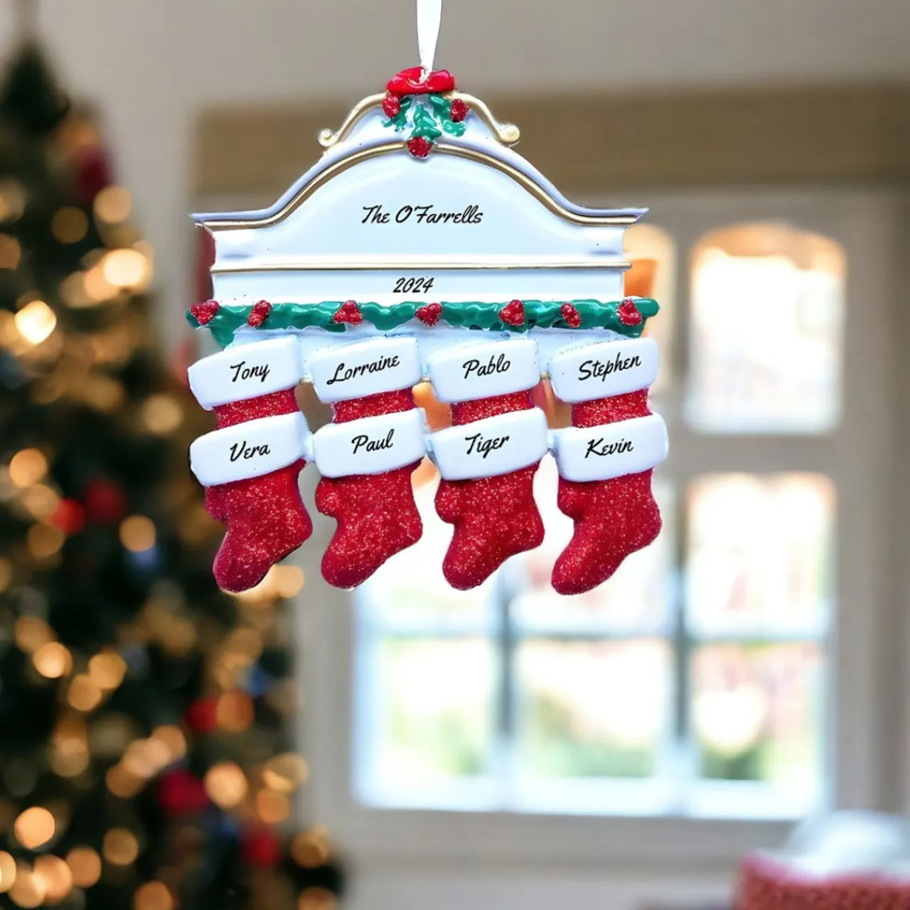 Personalized White Mantle with 8 Red Stockings Ornament - The Christmas Loft< Hot