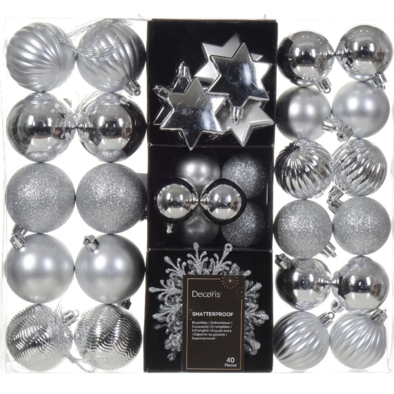 40 Piece Silver Shatterproof Ornament Set< Online