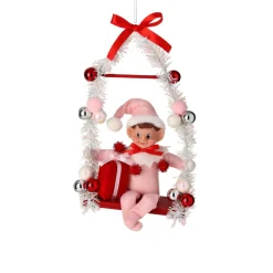 Pink Pixie Elf on Candy Swing Ornament< Sale