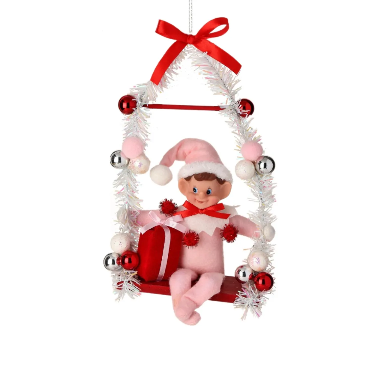 Pink Pixie Elf on Candy Swing Ornament< Sale