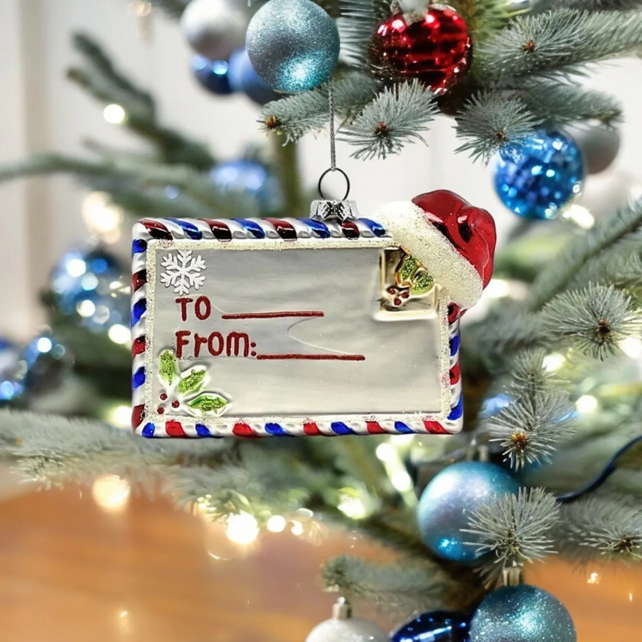 Present Tag Ornament with Santa Hat and Holly< Clearance