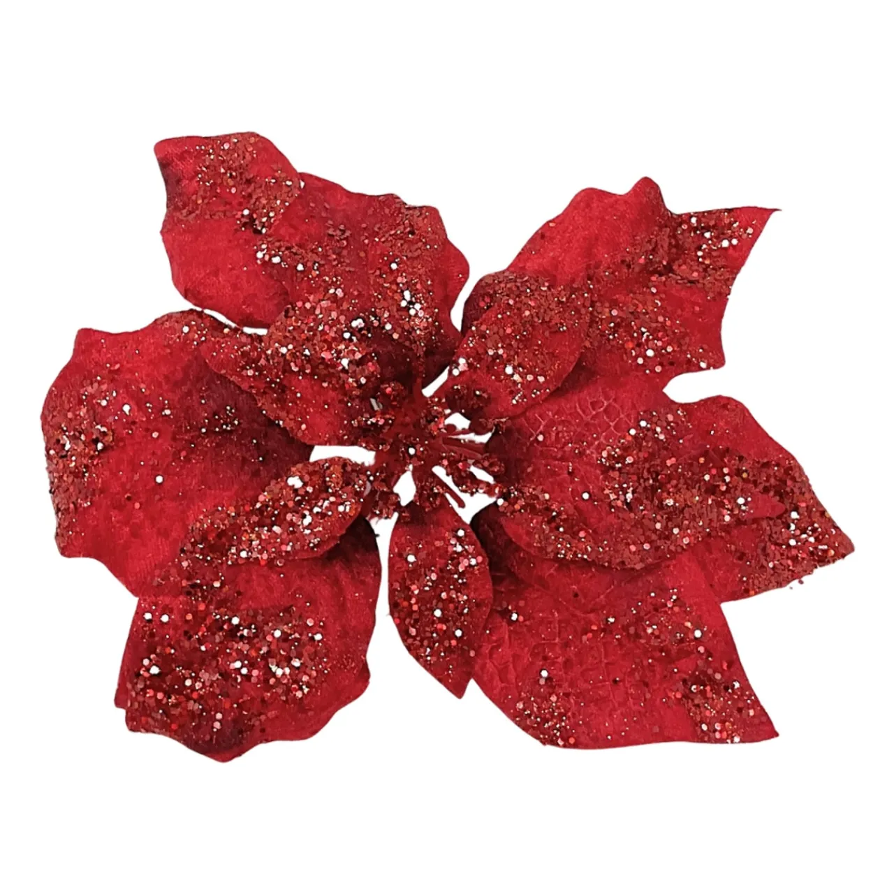 10" Glittered Poinsettia Clip, Festive Red, Polyester< Best
