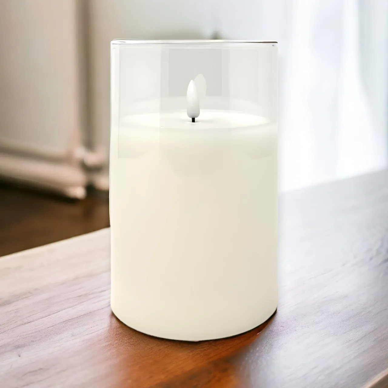 5.9" Warm White Flame LED Pillar Candle, Glass Canister<Lumineo Clearance