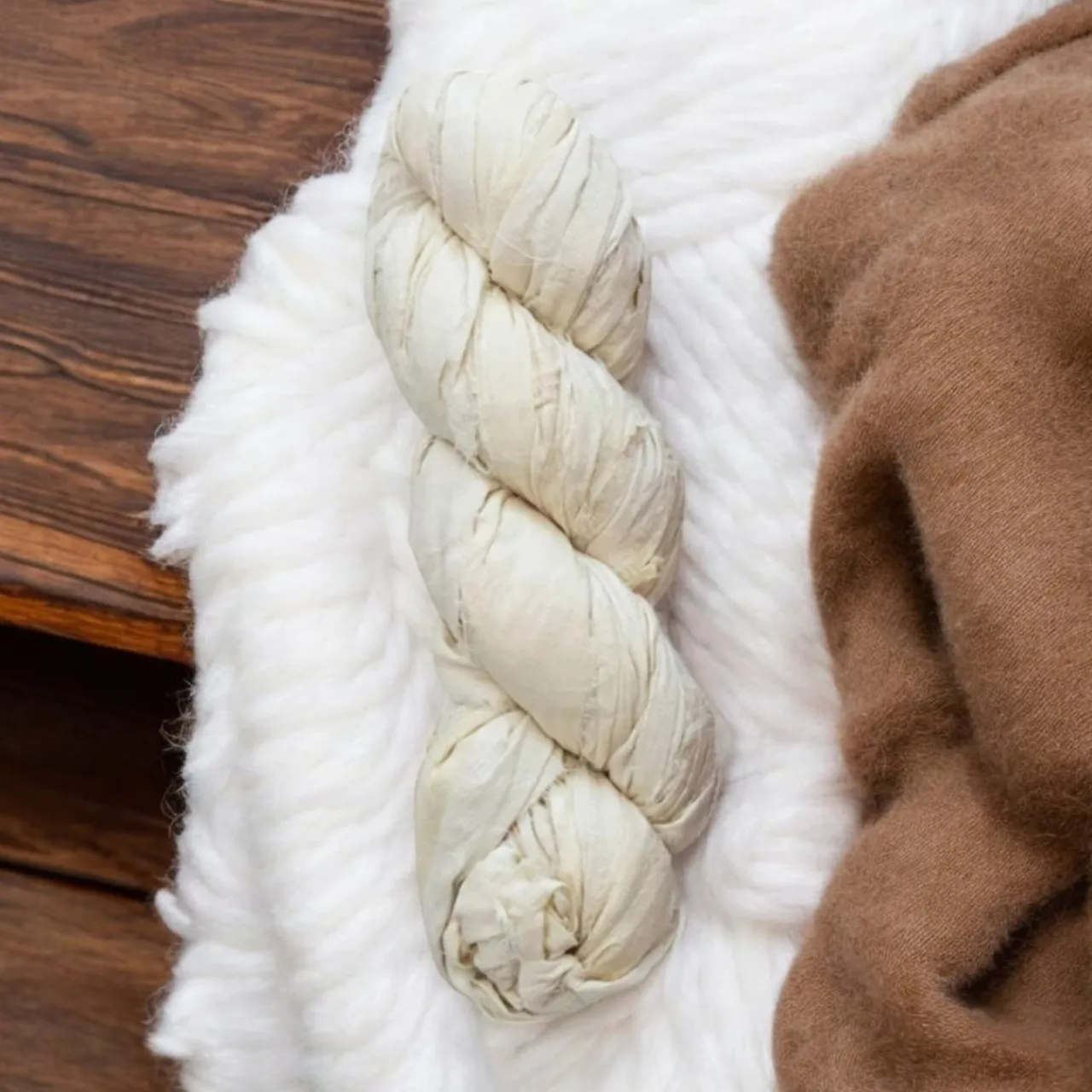Recycled Torn Ivory Silk Ribbon< New