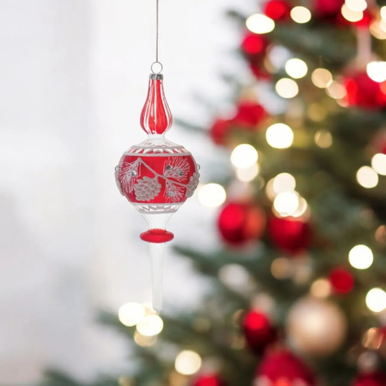 Red and White Pinecone Finial Ornament< Hot