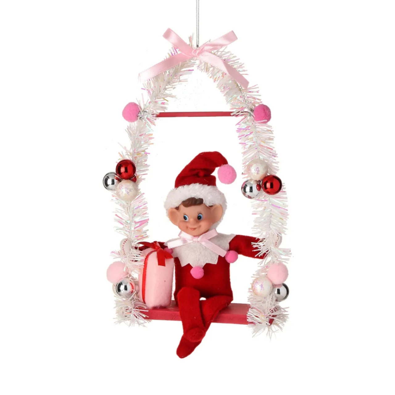 Red Pixie Elf on Candy Swing Ornament< Hot