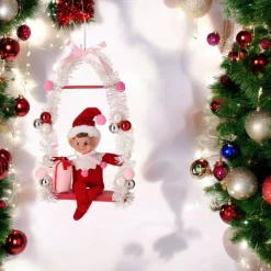 Red Pixie Elf on Candy Swing Ornament< Hot