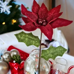 Red Poinsettia Pick with Glitter< Outlet