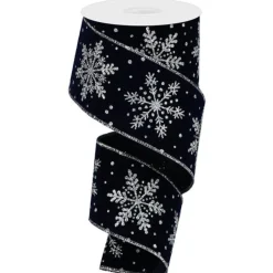 Silver Glittered Snowflakes on Navy Blue Velvet Ribbon  10 Yards Long x 2.5 Inch Wide< Fashion