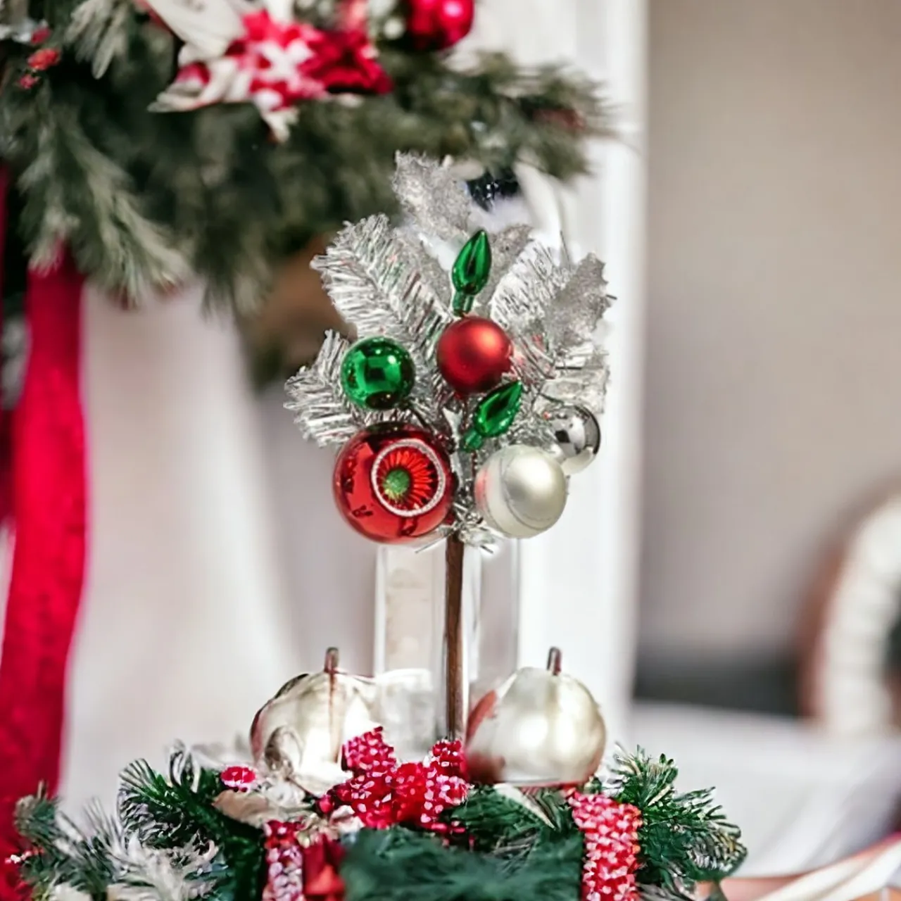 Silver Tinsel Pick - Green Bulbs< Clearance