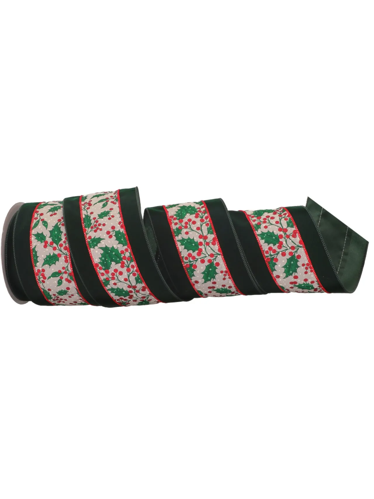 Velvet Ribbon with Holly & Berries finished with Glitter< New